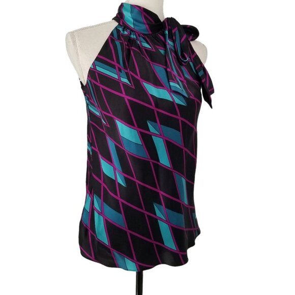 INC. International Concepts 100% Silk Black Blue Side Tie Halter Blouse … - Picture 1 of 7